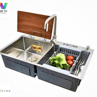 Chậu rửa bát GROVES sus 304 hai hố, bàn cài dao-1, giá để thớt