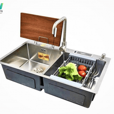 Chậu rửa bát Royalkings sus 304 hai hố, bàn cài dao, giá để thớt