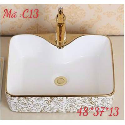 Chậu tròn Lavabo hoa văn vàng vòi trên chậu GRLC13