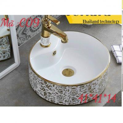 Chậu tròn hoa văn vàng vòi trên chậu GRLC09